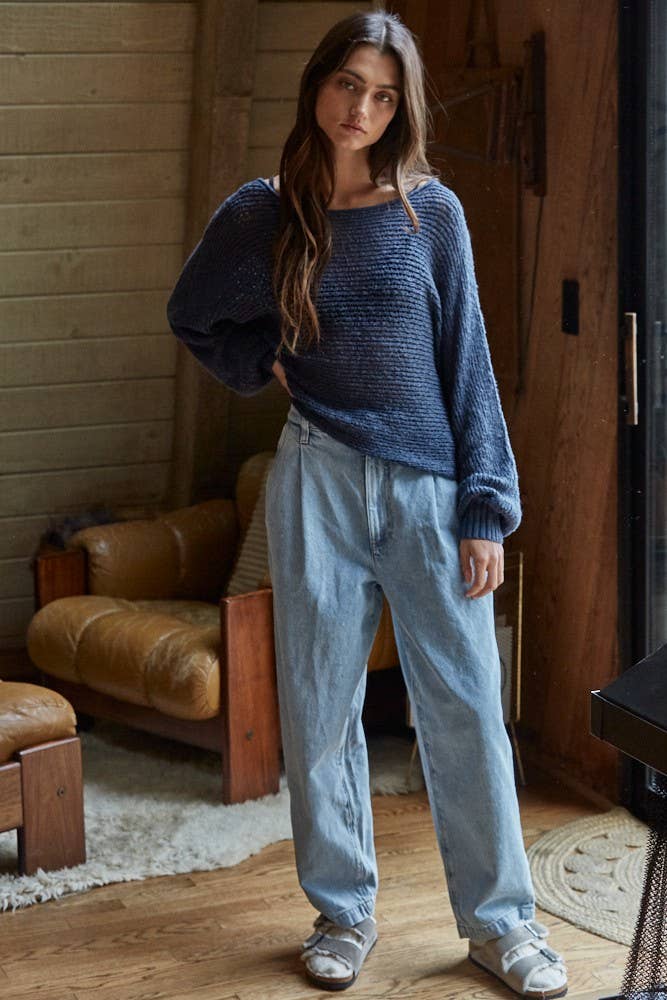 W1106 | Sweater Knit Crochet Round Neck Long Sleeve Top: Chocolate / Small