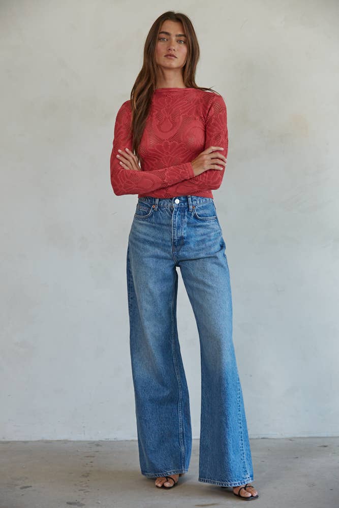 S1228 | Knit Seamless Jacquard Mock Neck Long Sleeve Top: Crimson / SM