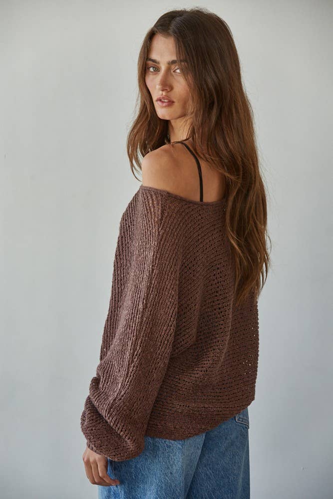 W1106 | Sweater Knit Crochet Round Neck Long Sleeve Top: Chocolate / Medium