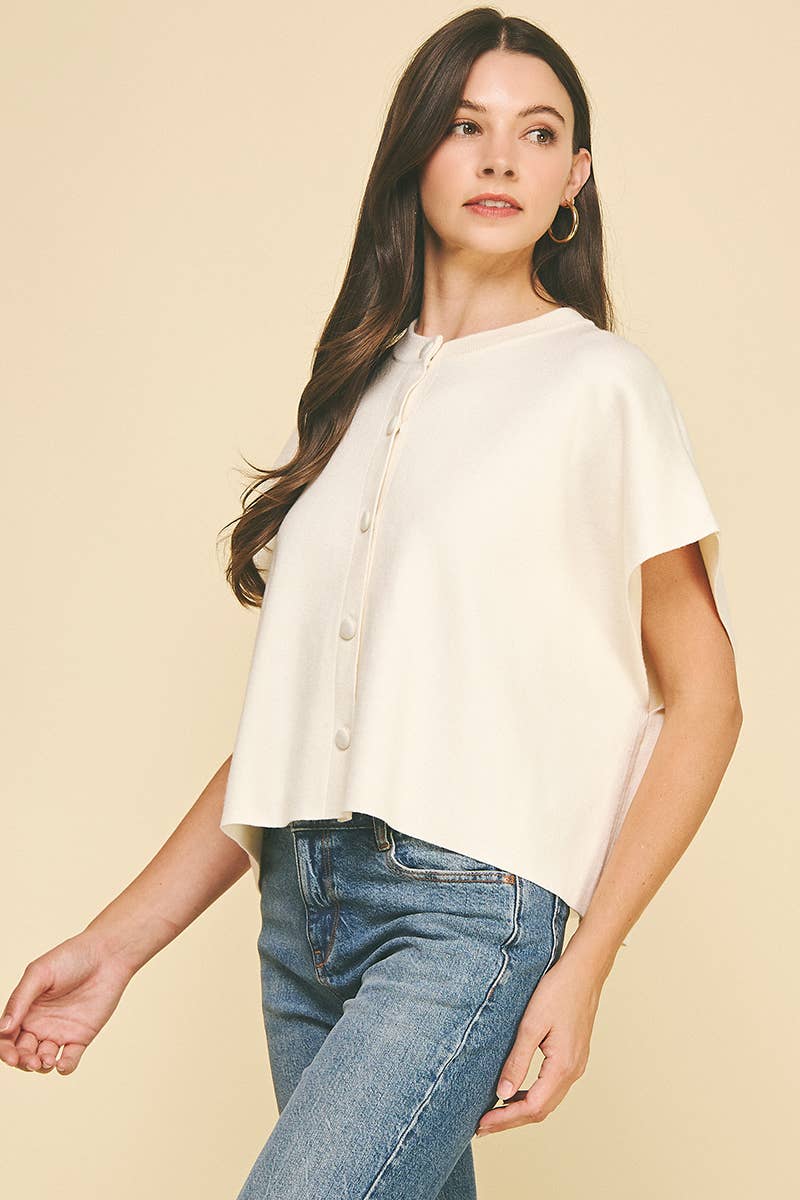 BUTTON DOWN CAP SLEEVE SWEATER: OATMEAL