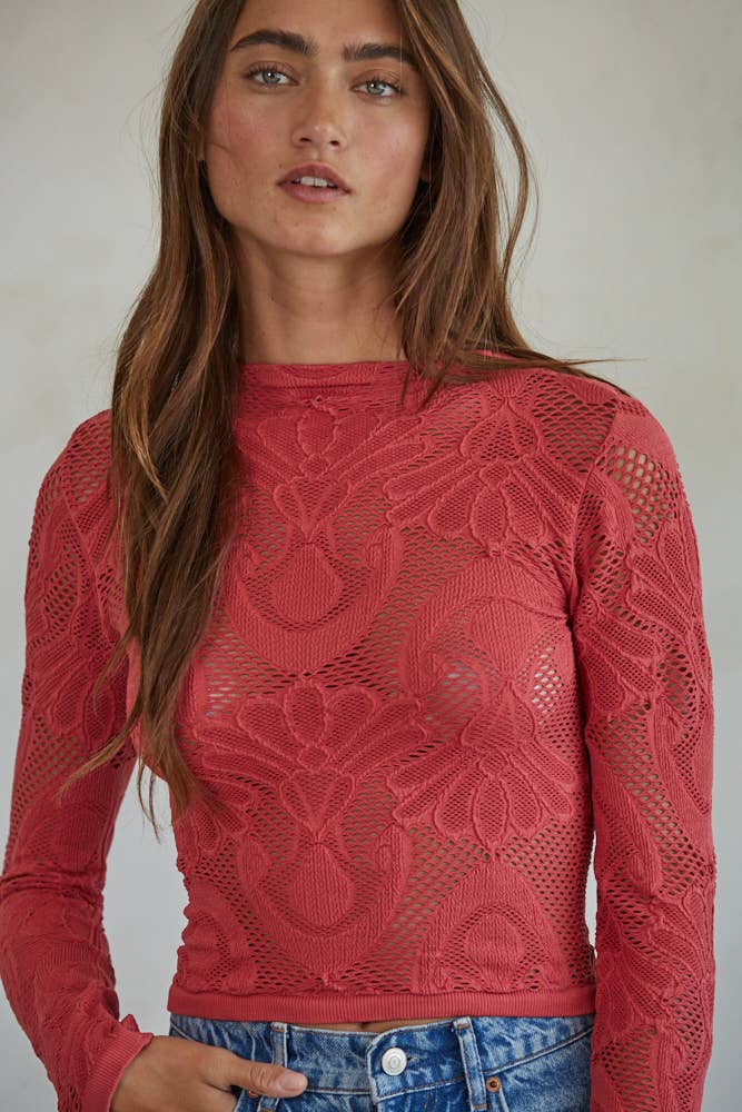 S1228 | Knit Seamless Jacquard Mock Neck Long Sleeve Top: Crimson / ML