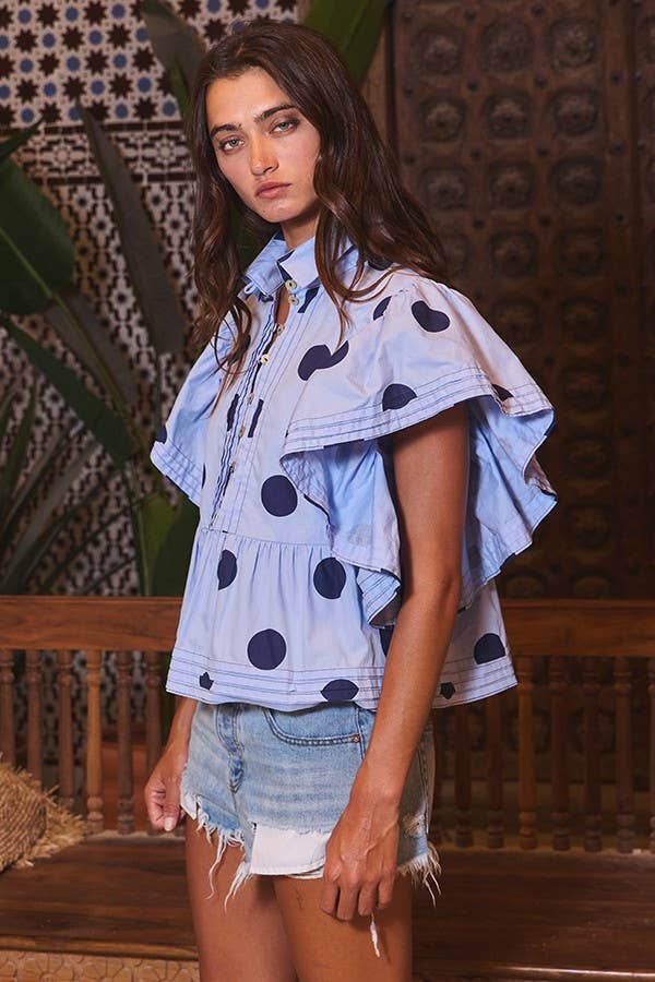 IT2337 Ruffle Sleeves Pintuck Detail Polka Dot Print top: Ivory/Black / S-M-L (2-2-2)