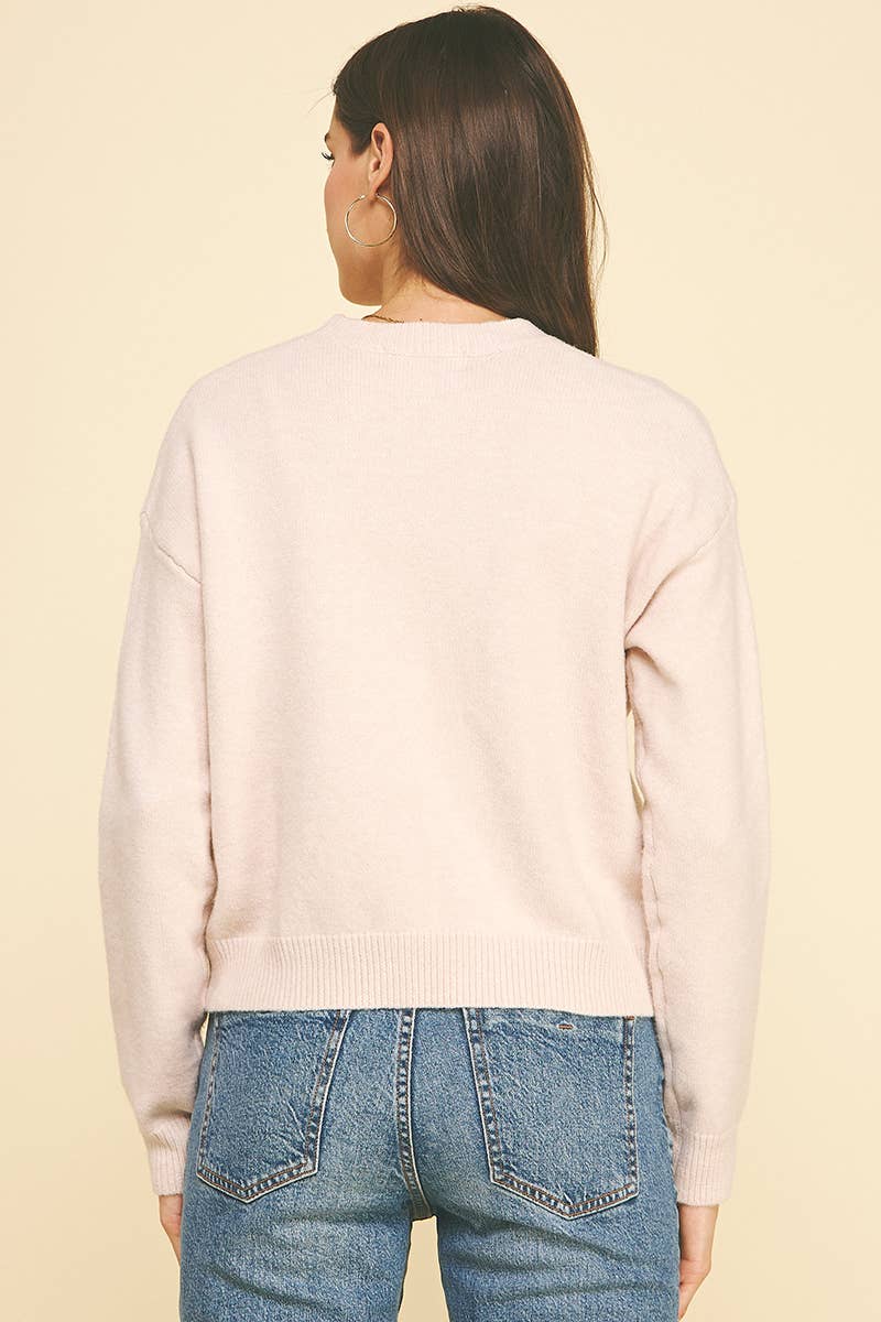 HEART CREW NECK SWEATER - 7034WS: LIGHT PINK / L