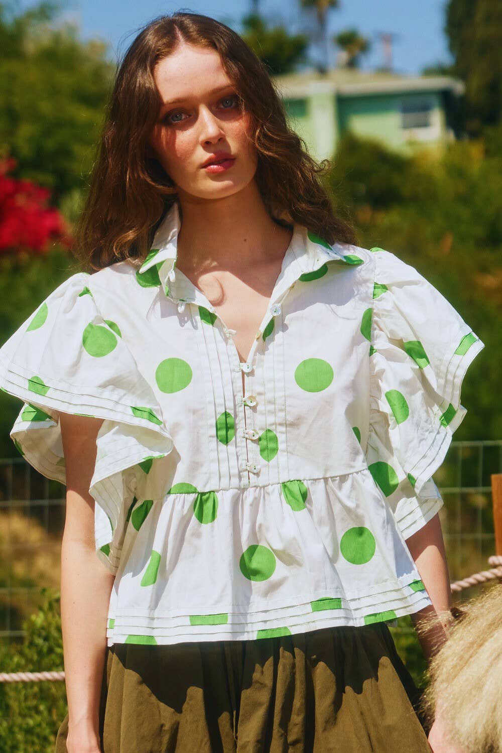 IT2337 Ruffle Sleeves Pintuck Detail Polka Dot Print top: Ivory/Black / S-M-L (2-2-2)